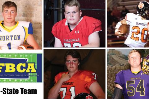 Among the members of this year's KFBCA Class 2A All-State team are, clockwise from top left: Norton's Kade Melvin, Hoisington's Riley Philbern, Humboldt's Conor Haviland, Lakin's Hadley Panzer and Humboldt's Josh Hull. (KPG File Photos)