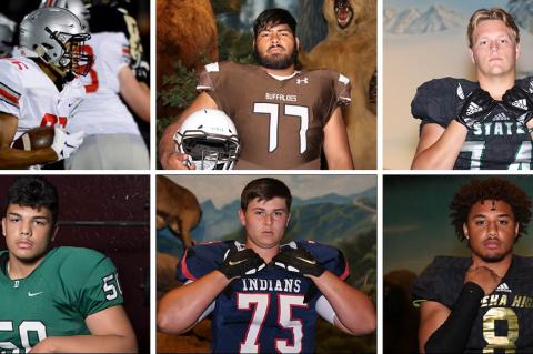 Among the members of this year's KFBCA Class 6A All-State team are, clockwise from top left: Blue Valley West's David Brown, Garden City's Refujio Chairez, Lawrence Free State's Turner Corcoran, Topeka's Ky Thomas, Manhattan's Sam Shields and Derby's Tyler Dorsey. (KPG File Photos)