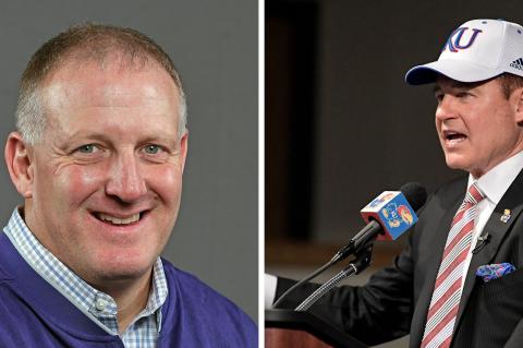 Chris Klieman (left) and Les Miles (right) will be featured speakers at this weekend's KFBCA Clinic in Wichita. (Klieman photo courtesy K-State Sports Information, Miles photo courtesy University of Kansas Athletics)