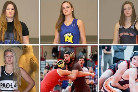 Among the top ranked wrestlers in Thursday's first KSHSAA Girls State Wrestling Championship are, clockwise from top left, Junction City's Elisa Robinson, Nickerson's Nichole Moore, Onaga's Morgan Mayginnes, Marysville's Elise Rose, Garden City's Anjelina Serrano and Paola's Jordyn Knecht. (Photos by Everett Royer, KSportsImages.com)