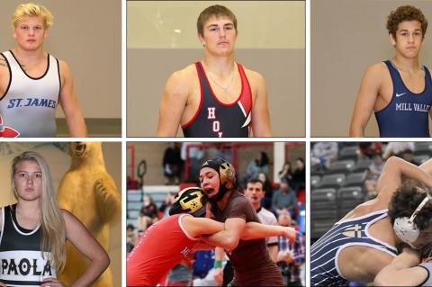 Pictured clockwise from top left: St. James Academy's Clay Lautt, Hoisington's Wyatt Pedigo, Mill Valley's Zach Keal, St. Thomas Aquinas' Jared Simma, Garden City's Anjelina Serrano and Paola's Jordyn Knecht. (All photos by Everett Royer, except Simma photo, provided courtesy of St. Thomas Aquinas Wrestling)