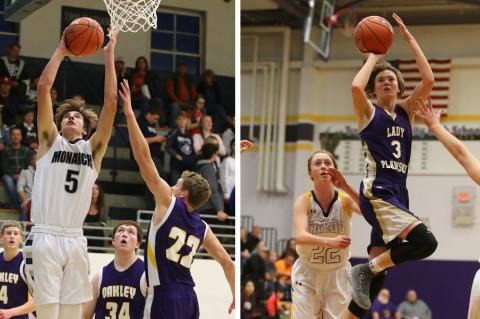 TMP's Carson Jacobs (left) and Oakley's Jordyn Lowrie are just two of the many outstanding players that will roam the basketball courts of the Mid-Continent League this season. (Photos by Everett Royer, KSportsImages.com)