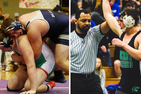 Left: Defending heavyweight champion Elliott Strahm from Sabetha remains atop the 3-2-1A rankings at 285. (Photo by Everett Royer, KSportsImages.com) Right: Derby's Cade Lindsey is the top-ranked wrestler at 170 pounds in 6A. (Photo by Tanner Hopkins, @HopkinsTanner8)