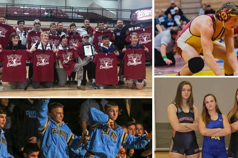 Pictured, clockwise from top left: Goddard, Hillsboro's Jordan Bachman, Junction City's Elisa Robinson, Nickerson's Nichole Moore, Onaga's Morgan Mayginnes, Chanute's Kedric Emling, Trent Clements and Kolton Misener. (Photos courtesy Jammie Atkins, Hillsboro Wrestling, Everett Royer and Sophie Osborn)