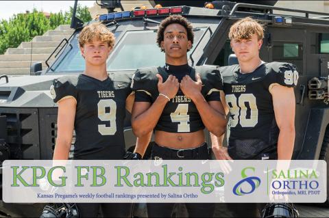 The Blue Valley Tiger defense patrolled by DI prospects, from left, Maguire Richman, Dawson Merritt and Lincoln Stueve has allowed just one touchdown through two games and has the Tigers looking like a squad built to challenge Mill Valley for 5A supremacy. The trio is pictured at the Kansas State Capitol building during the annual Kansas Pregame feature photo shoot sponsored by the Kansas Highway Patrol and DM Law. (Photo: Heather Kindall Photography)