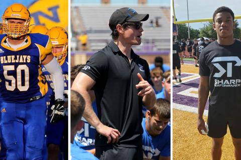 Norton's Christien Hawks (far left) and Coffeyville's Darell Jones (far right) were just two of the many athletes who reaped the rewards of competing in Jake Sharp's (center) Combine Series last summer. (Photos: L-Everett Royer; C-Everett Royer; R-John Baetz)