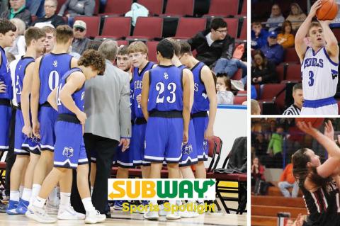 Pictured, clockwise from left: South Gray boys basketball, South Gray junior Aaron Skidmore and Sylvan-Lucas freshman Keeli Knobbe. (South Gray photos by Karen Jantz; Knobbe photo by Becky Rathbun)