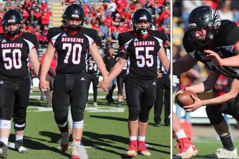 Pictured, left to right: Little River seniors Kaden Schafer, Kyle Bruce and Carter Holloway. Right: Bruce fires off the line in Little River's title game matchup with Meade. (Photos by Everett Royer, KSportsImages.com)