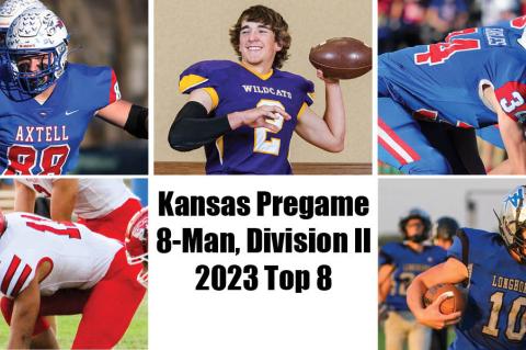Clockwise from bottom left: Kinsley's Kaden Arensman, Axtell's Sawyer Deters, Minneola's Eli Lang, Axtell's Grady Buessing and Thunder Ridge's Mason Baker are among the 2023 Top 8 seniors as voted on by 8-Man football coaches. (Photos: Arensman by Kinsley Sports Photos; Deters and Buessing by Everett Royer, KsportsImages.com; Lang by Heather Kindall; Baker by Dale Stephens Photography)