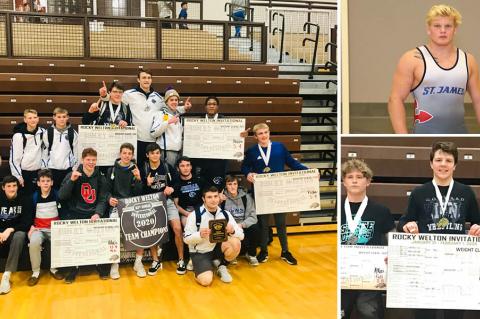 Pictured, clockwise from left: Goddard High won the team title at the Rocky Welton; St. James Academy's Cade Lautt won the 220 pound title; Goddard's Cayleb Atkins won the 160 pound class. (Goddard photos by Jammie Atkins; Lautt photo by Everett Royer, KSportsImages.com)