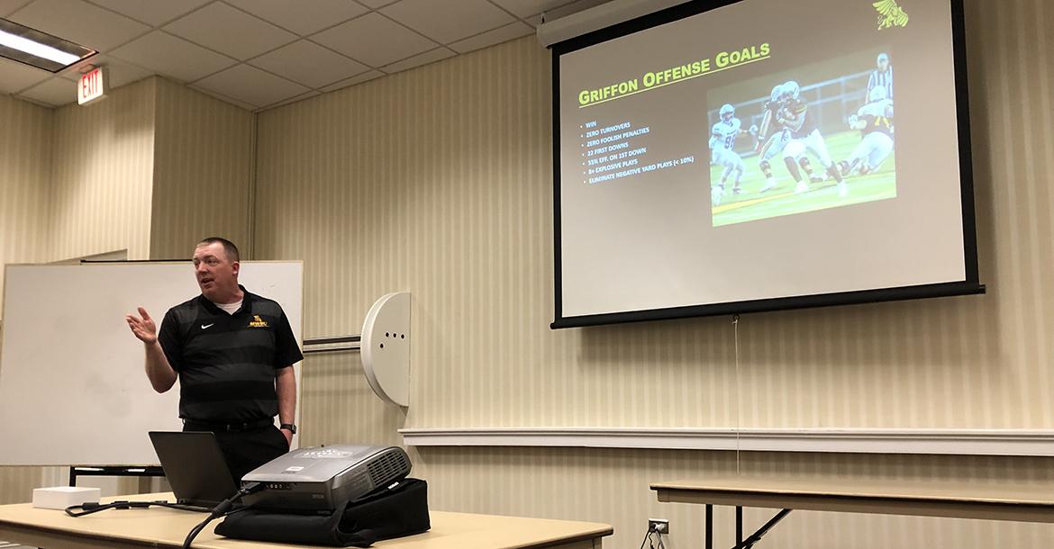 Missouri Western offensive coordinator Dave Brown talked about the "Griffons' Red Zone Offense" on Saturday morning. (Photo by Rod Stallbaumer)