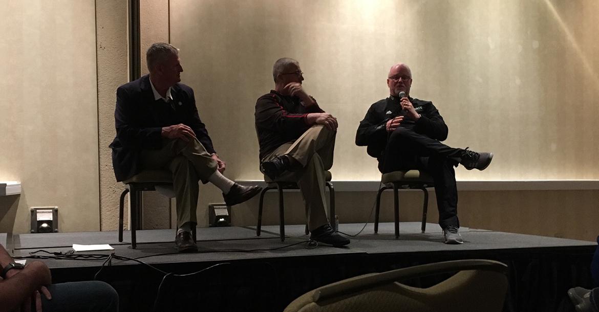 Legendary high school coaches Chuck Smith (Pittsburg-St. Mary's Colgan), Rick Wheeler (Wichita Heights) and Bob Fisher (Lawrence Free State) answered questions from the crowd during the new "Legends Panel" on Friday night. (Photo by Mitchell Kucera)