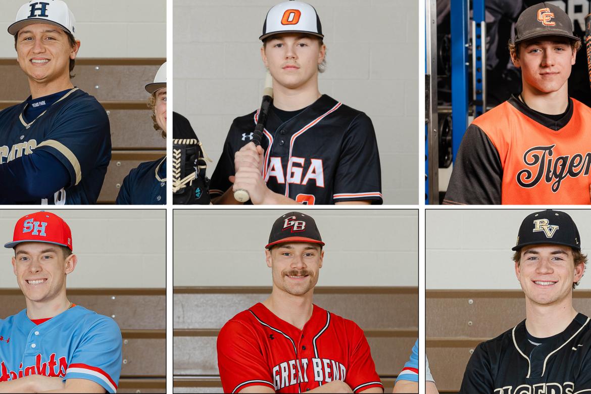 Pictured clockwise from top left: Cooper Grace, Jackson Kolterman, Cole Pladson, Grady Westphal, Carson Umphres, and Deacon Pomeroy are among the selections for this year's Kansas Association of Baseball Coaches All-State teams. (Photos: Heather Kindall Photography)